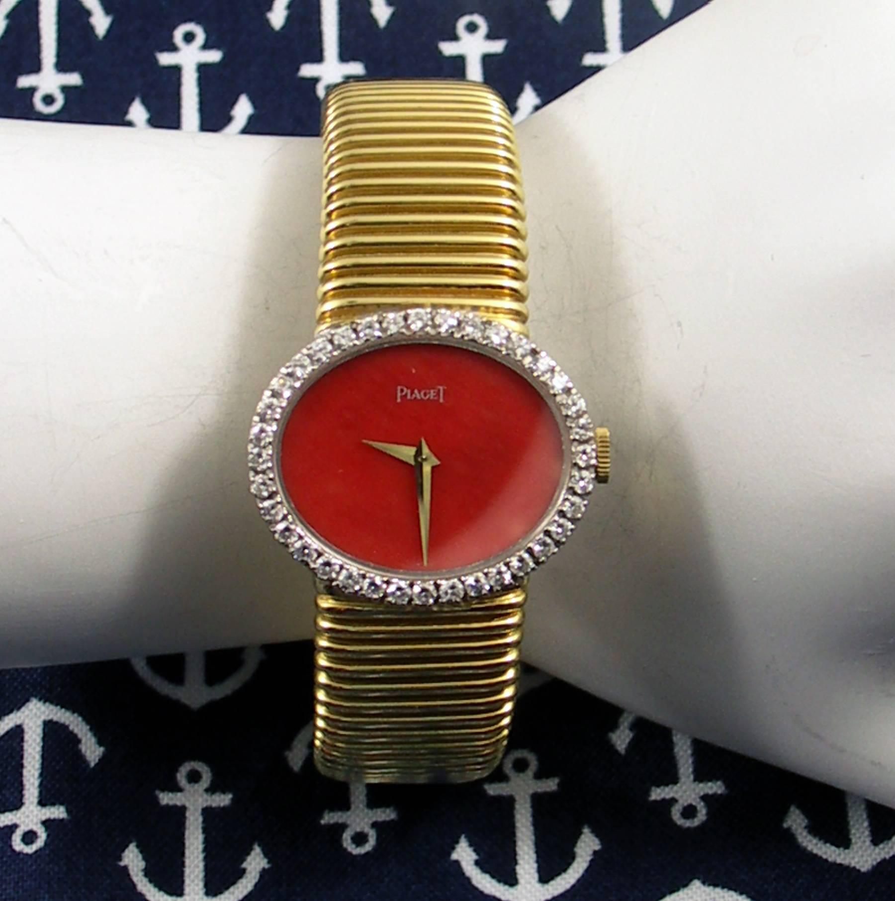 Women's Piaget Ladies Yellow Gold Diamond Coral Dial Tubogas Bracelet Wristwatch