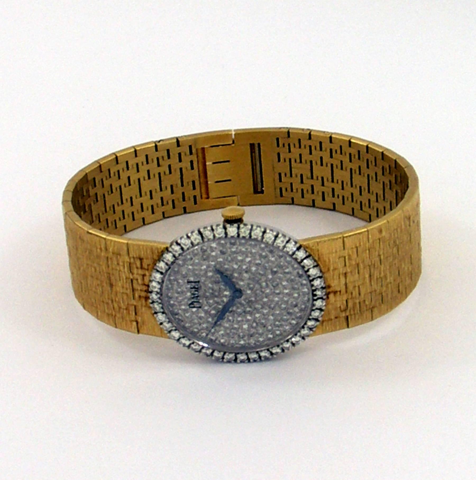 Piaget Ladies Yellow Gold Pave Diamond Dial Diamond Bezel Wristwatch In Excellent Condition In Palm Beach, FL