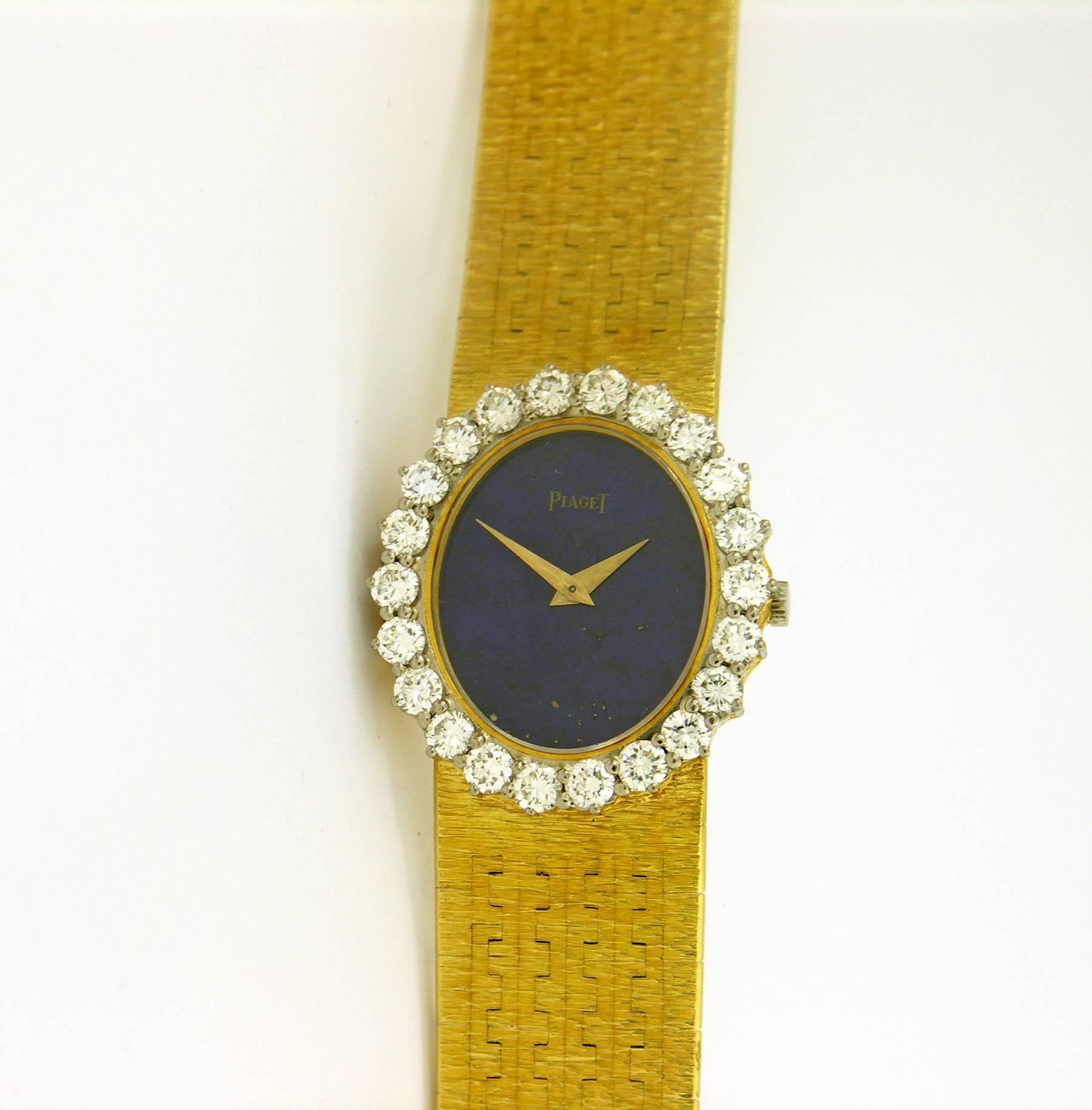 Piaget Ladies Yellow Gold Diamond Bezel Lapis Dial Watch/Wristwatch In Excellent Condition In Palm Beach, FL