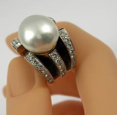 David Webb Enamel Pearl Diamond Gold Ring