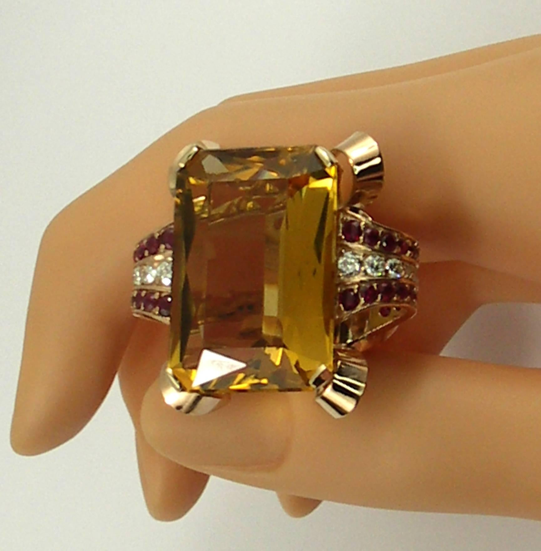 Emerald Cut Retro Citrine Diamond Ruby Ring For Sale