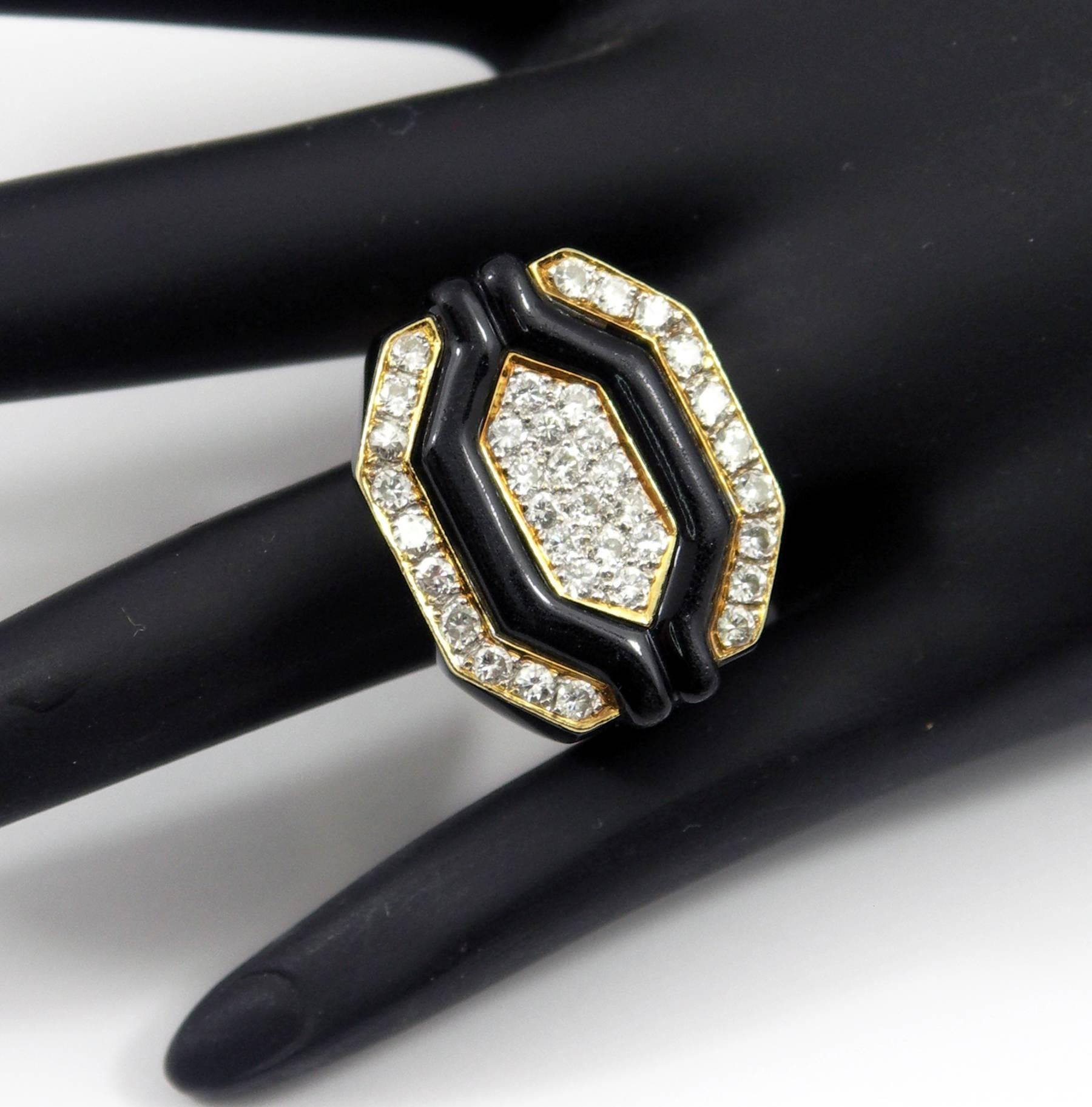 Women's or Men's Gold Diamond Onyx Geometric Ring