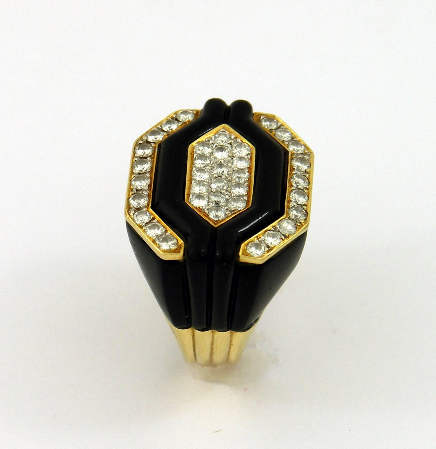 Gold Diamond Onyx Geometric Ring 1