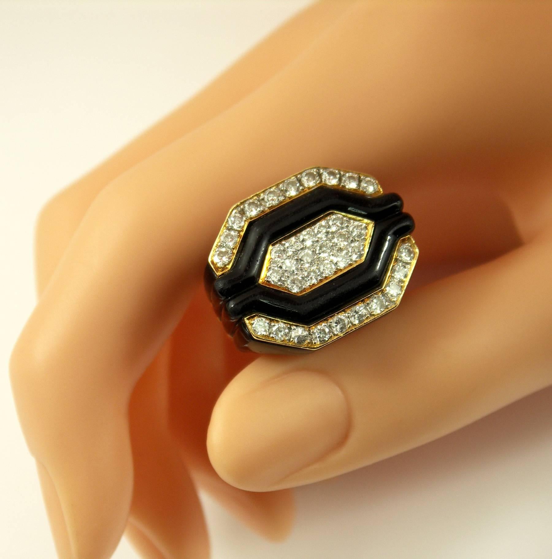 Gold Diamond Onyx Geometric Ring 2