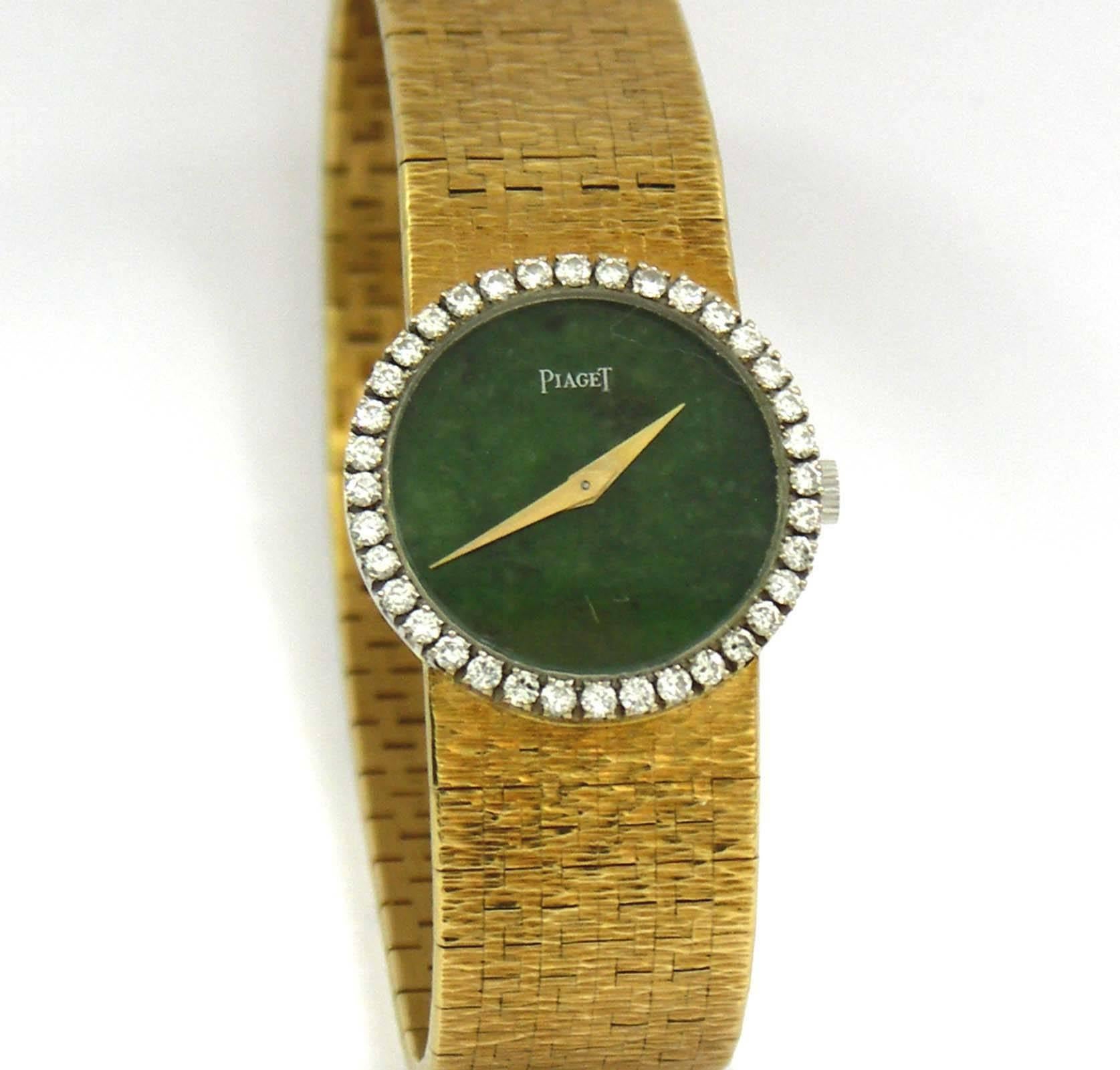 Women's Piaget Ladies Yellow Gold Jade Dial Diamond Bezel Wristwatch
