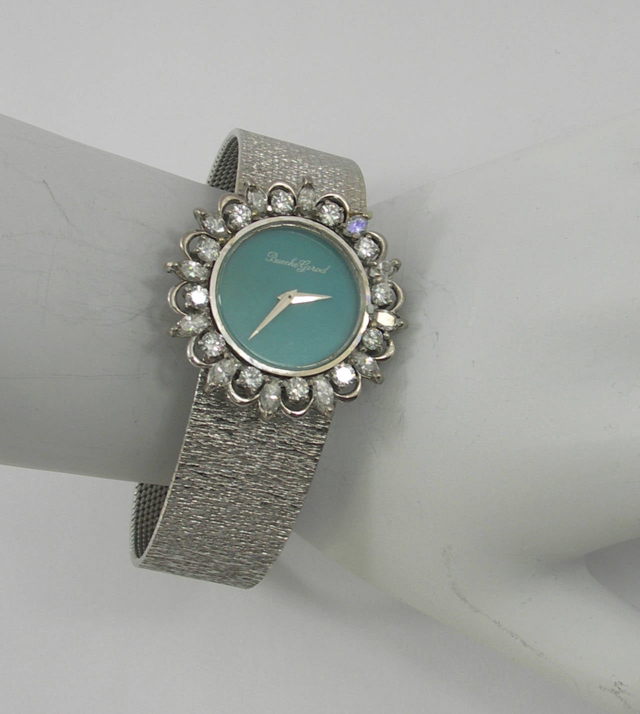 Women's Bueche Girod Lady's White Gold Diamond Turquoise Dial Wristwatch