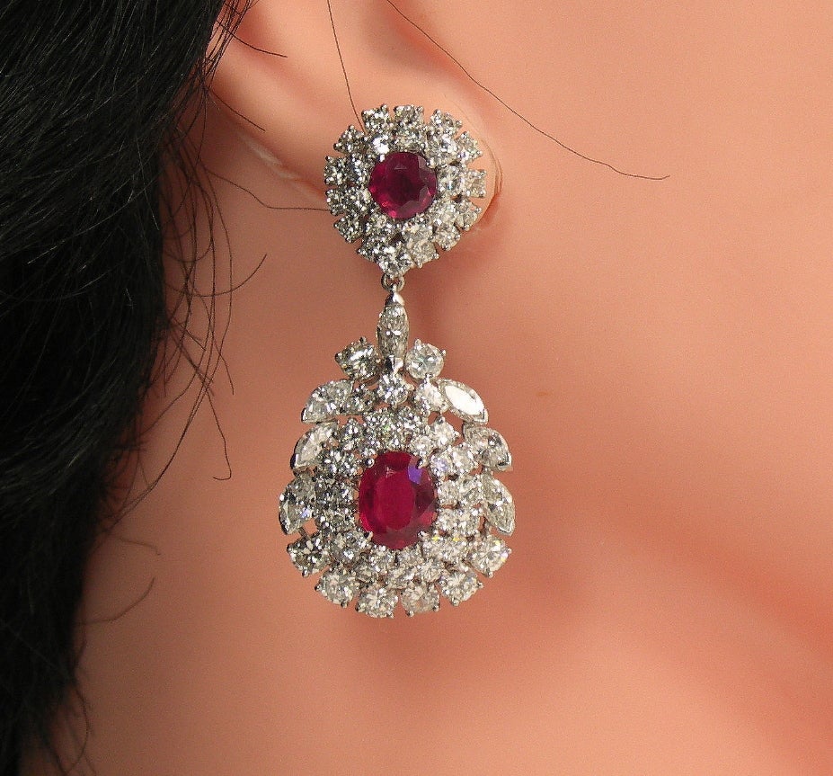 Ruby Diamond Platinum Dangle Earrings In Excellent Condition In Palm Beach, FL