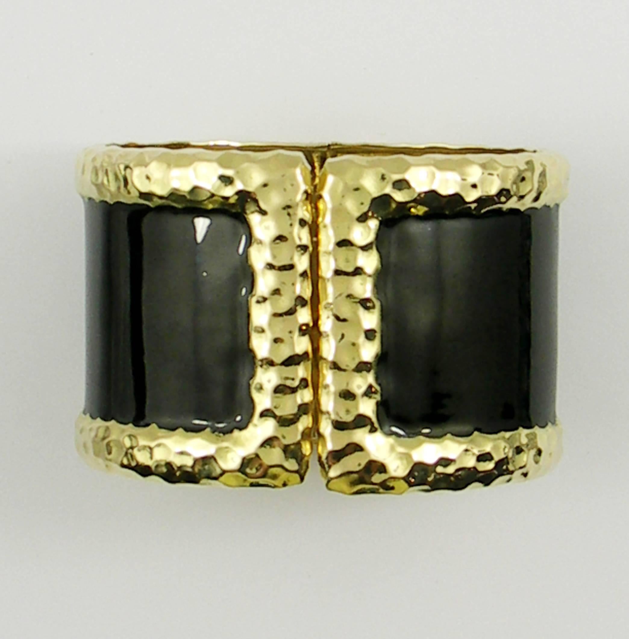 Wide Yellow Gold Cuff Bracelet with Hammer Finish and Black Enamel 3