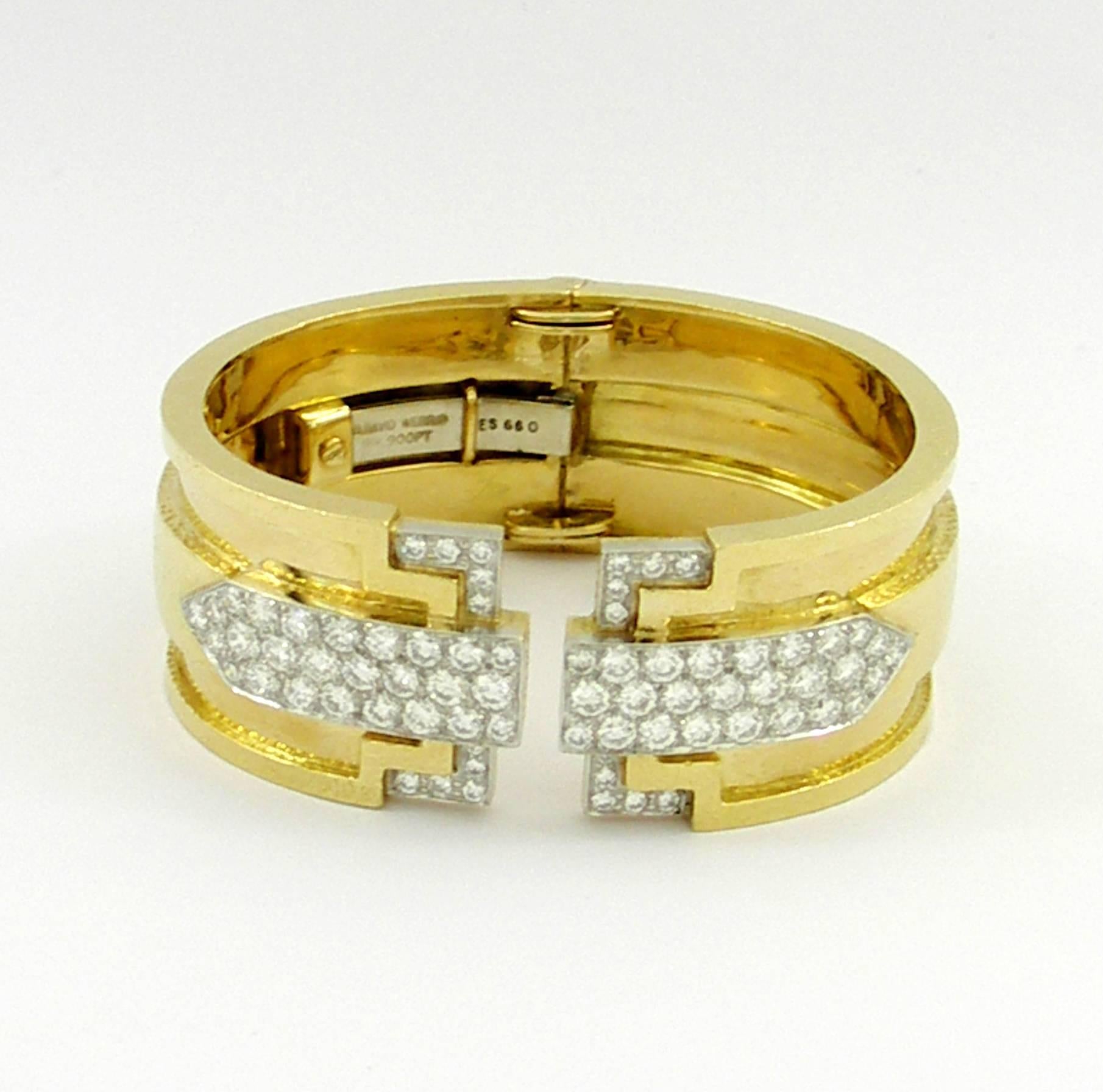 Geometric David Webb Hammer Finished Bracelet in Gold and Platinum with Diamond In Excellent Condition In Palm Beach, FL