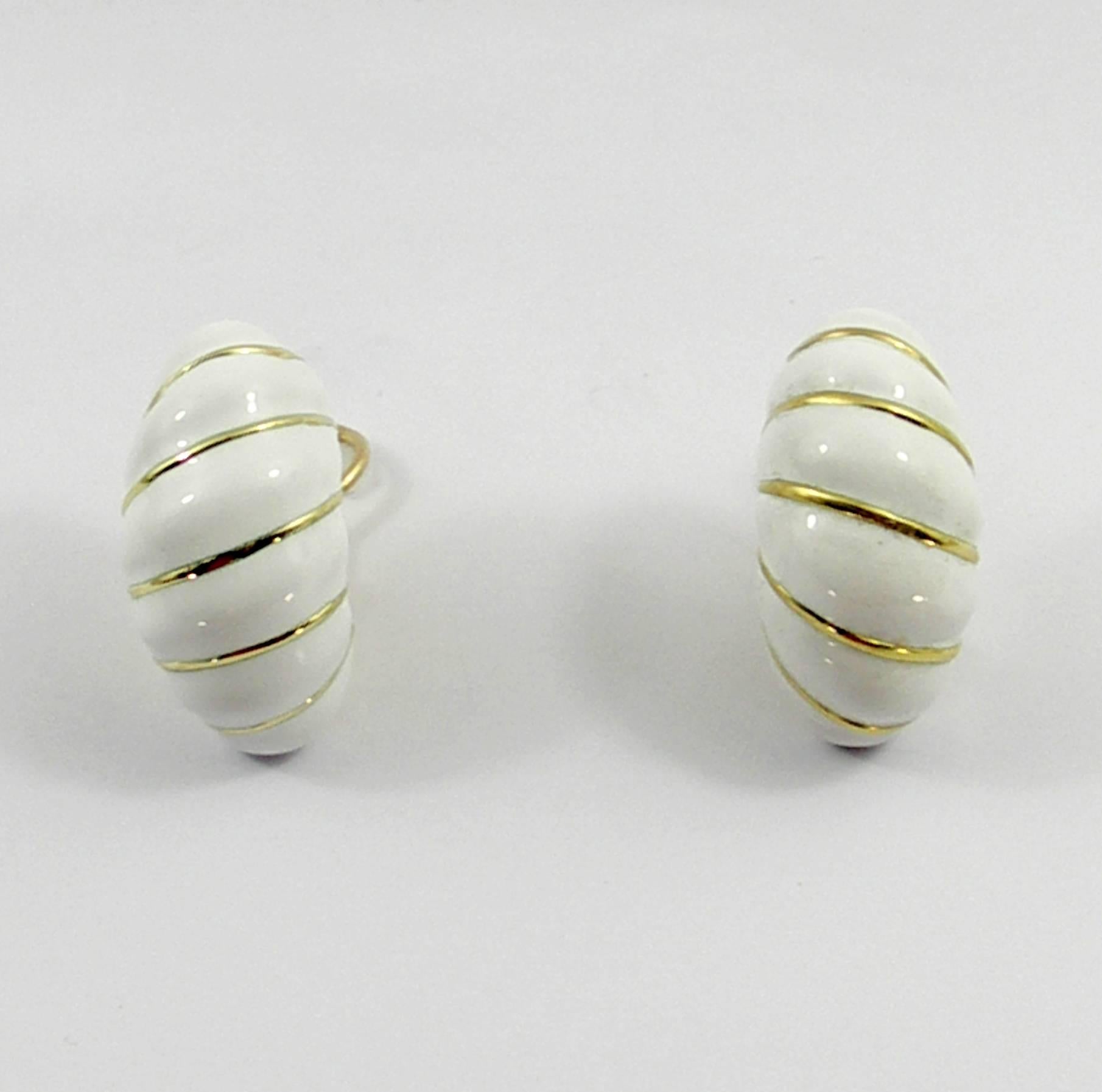 Yellow Gold and White Enamel Spiral Earrings In Excellent Condition In Palm Beach, FL