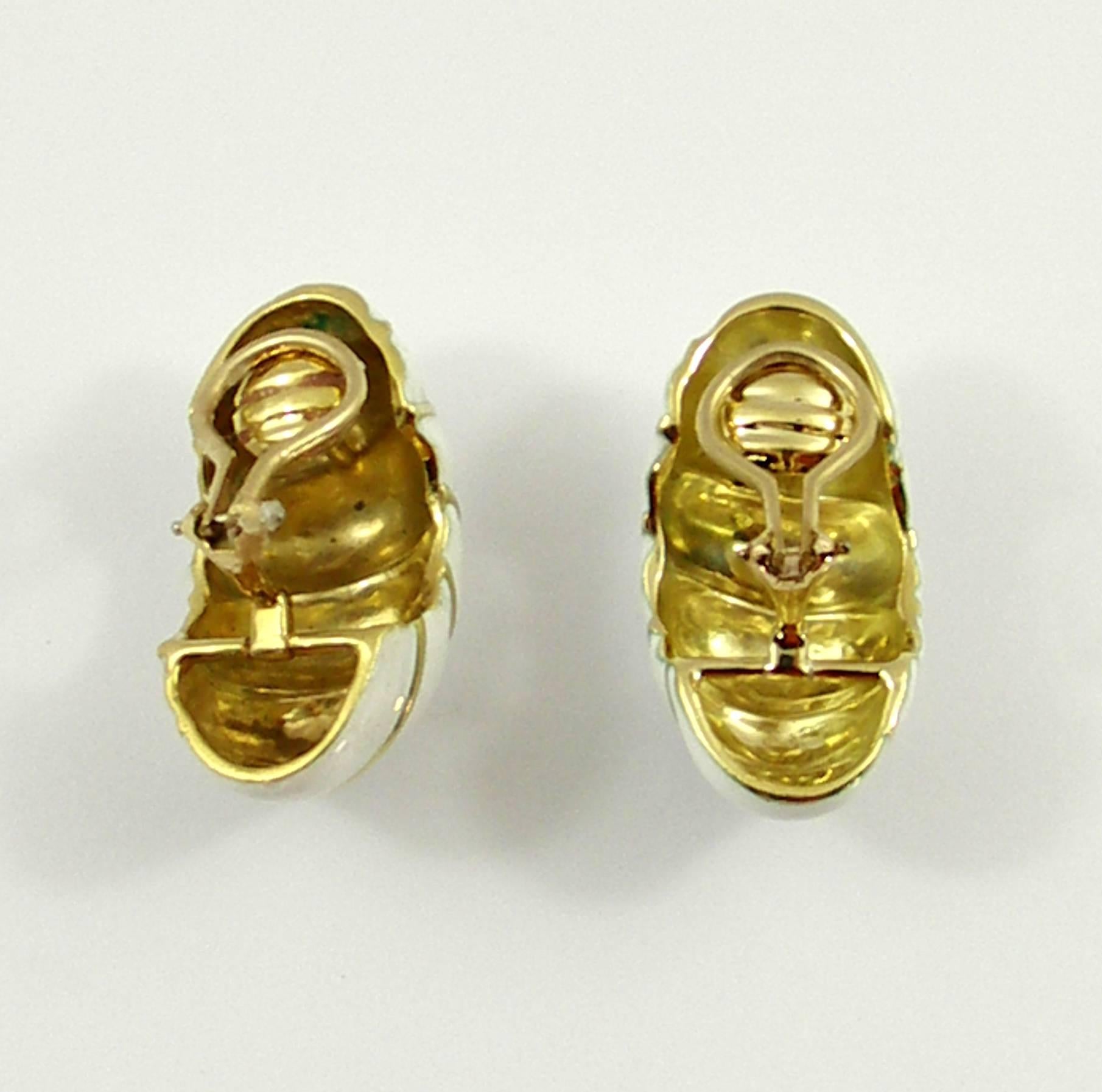 Women's Yellow Gold and White Enamel Spiral Earrings