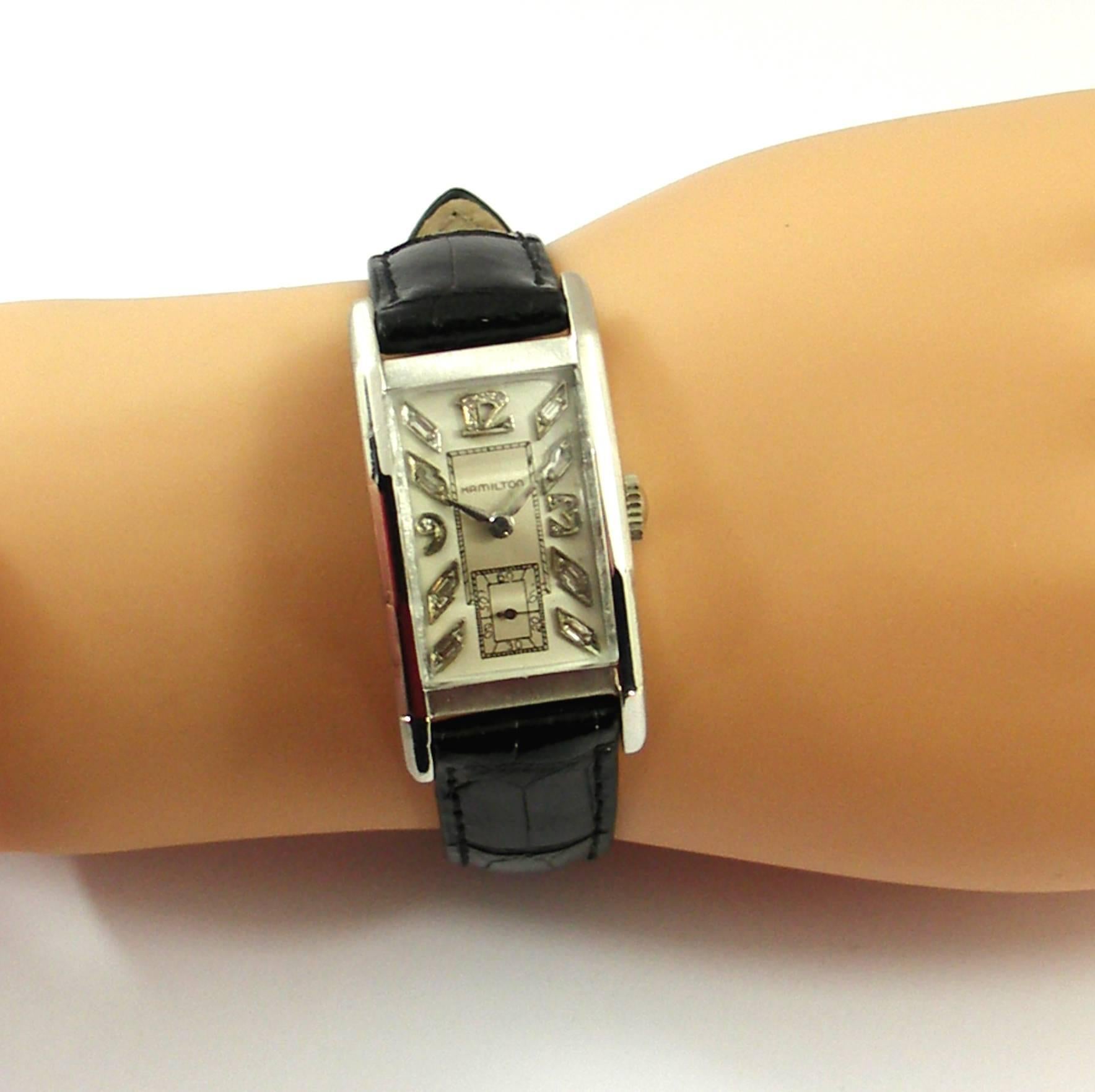 Hamilton Platinum Diamond Dial Stepped Crystal Vintage Wristwatch In Excellent Condition In Palm Beach, FL