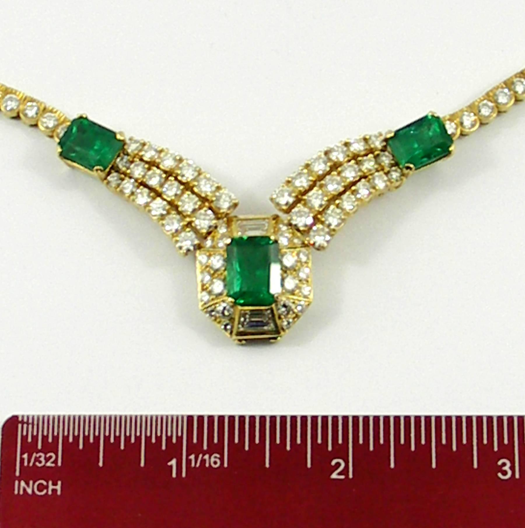 Round Brilliant Cut and Baguette Cut Diamond Certified Zambian Emerald Necklace 3