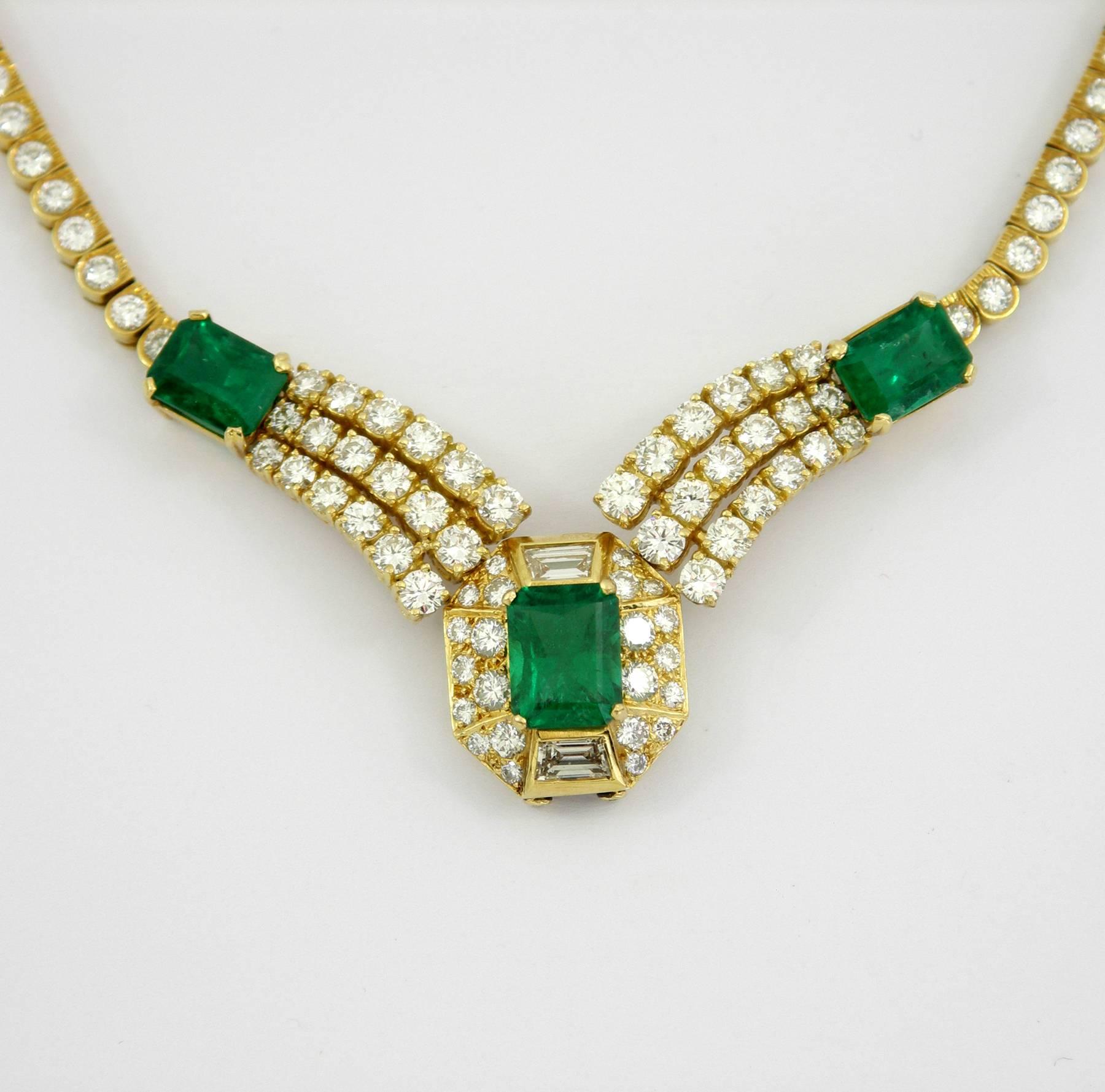 Round Brilliant Cut and Baguette Cut Diamond Certified Zambian Emerald Necklace 4