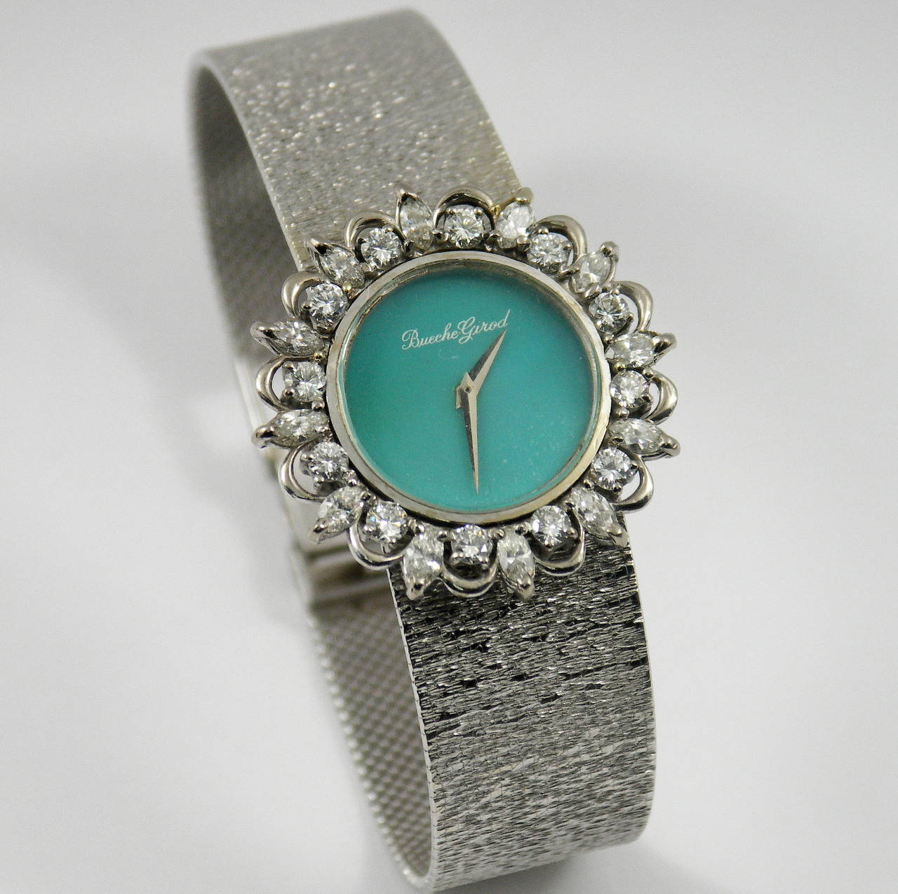 Bueche Girod Lady's White Gold Diamond Turquoise Dial Wristwatch 3