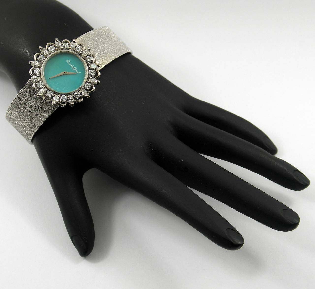 Bueche Girod Lady's White Gold Diamond Turquoise Dial Wristwatch 5