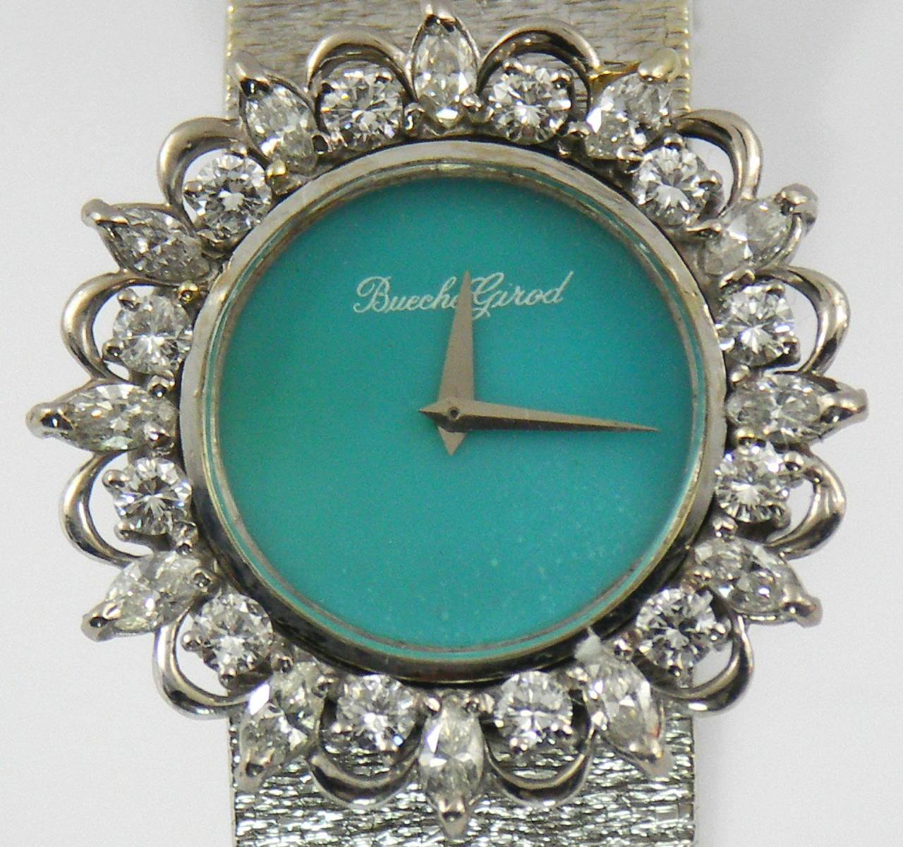 Bueche Girod Lady's White Gold Diamond Turquoise Dial Wristwatch 4