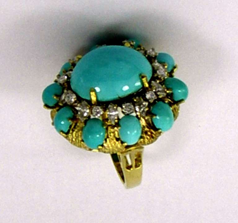 Cabochon Beautifully Finished Diamond Turquoise Yellow Gold Ring