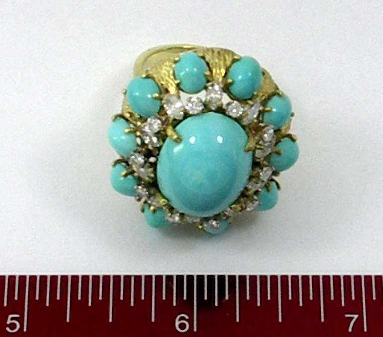 Beautifully Finished Diamond Turquoise Yellow Gold Ring In Good Condition In Palm Beach, FL