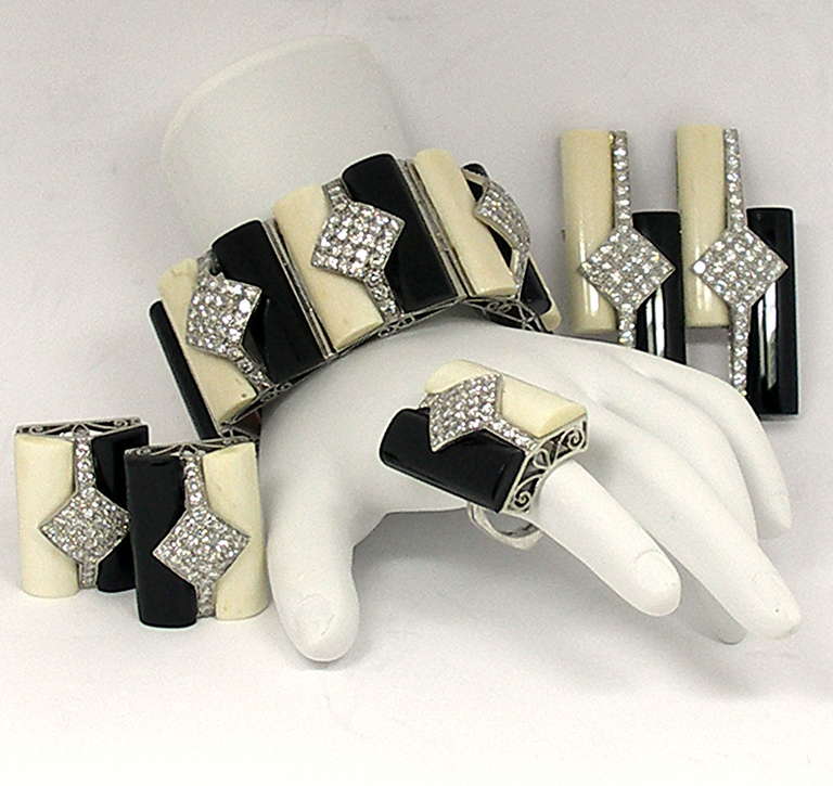 Large, White Gold, Onyx, Bone and Diamond Brooch In Excellent Condition In Palm Beach, FL