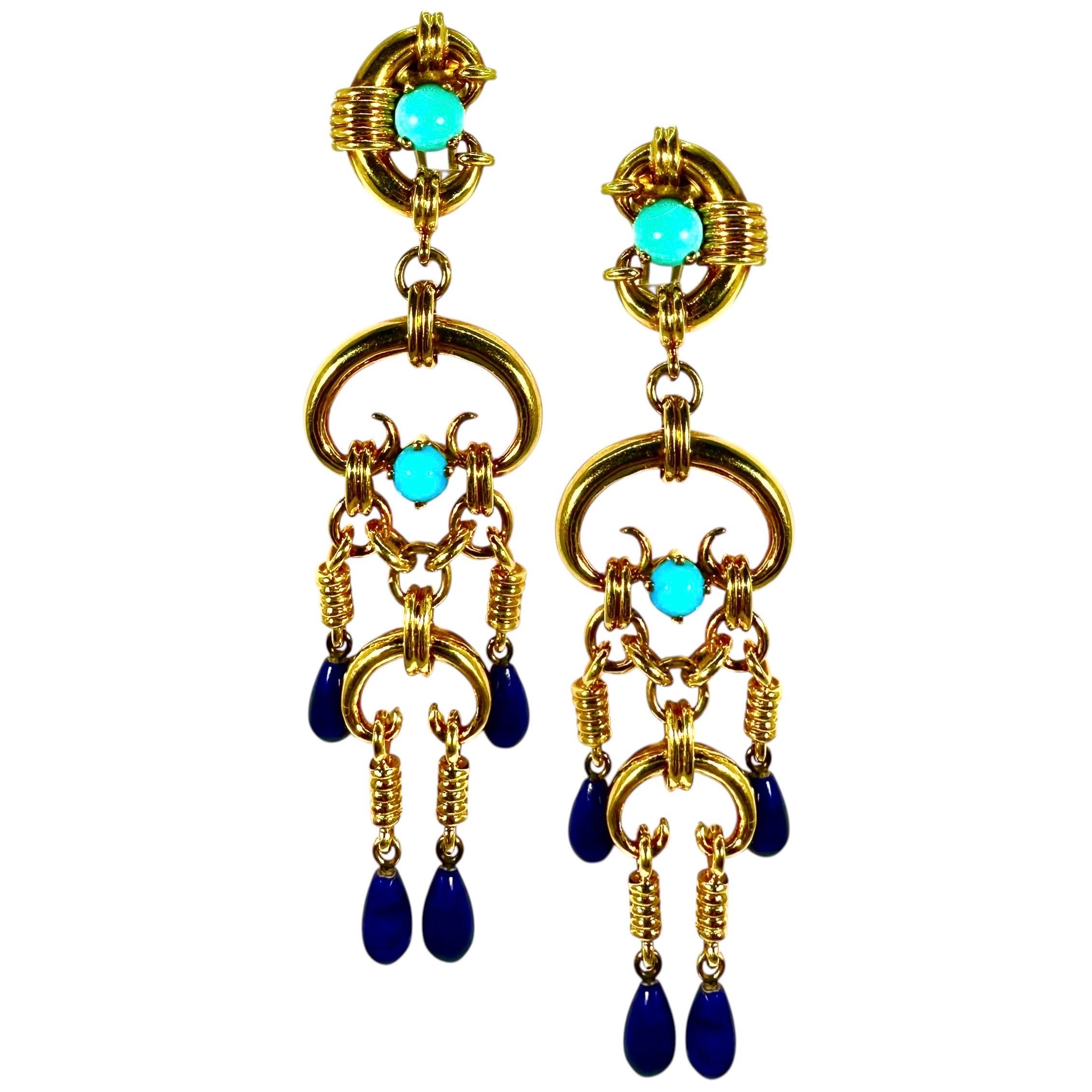 Boucles d'oreilles pendantes vintage en or jaune 18K, turquoise et lapis, plus de 3 pouces de long