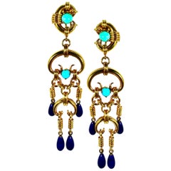 Vintage 18K Yellow Gold, Turquoise, & Lapis Dangle Earrings, Over 3 inches Long