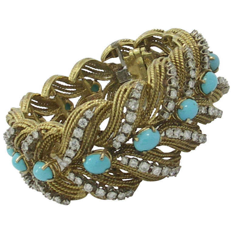 Rope Design Diamond and Turquoise Bracelet