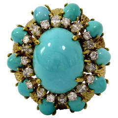 Beautifully Finished Diamond Turquoise Yellow Gold Ring 1