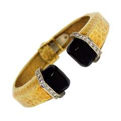 R. Stone Open Front,  Yellow Gold, Onyx and Diamond Bangle