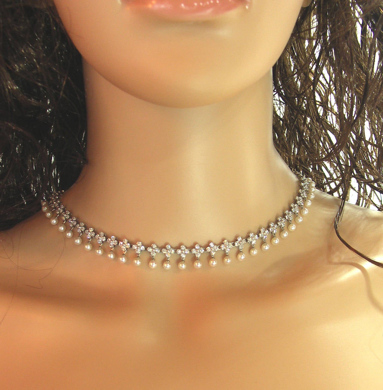 Tiffany & Co. Lace Necklace in Platinum with Diamonds and Pearls In Excellent Condition In Palm Beach, FL