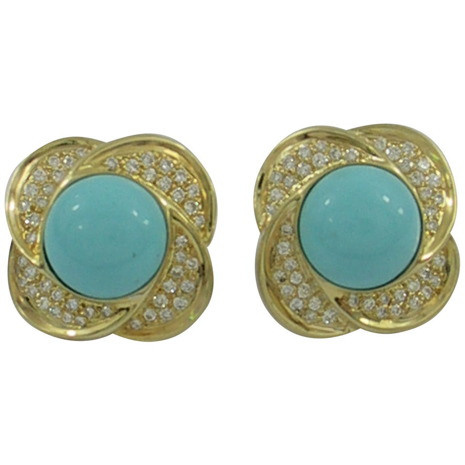 Turquoise Diamond Gold Clip Earrings