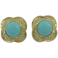 Turquoise Diamond Gold Clip Earrings 5