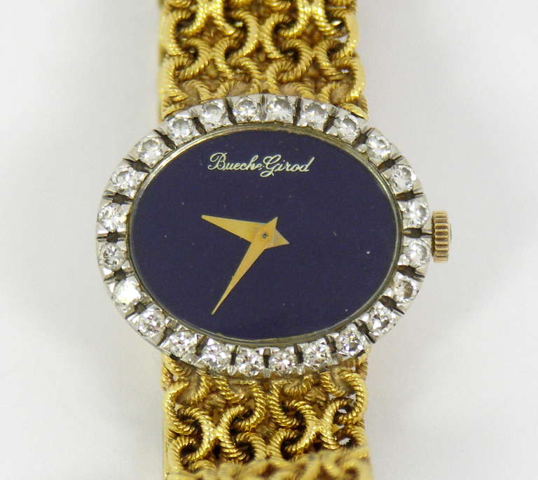 Beuche-Girod Lady's Yellow Gold and Diamond Braclet Watch with Lapis Dial In Excellent Condition In Palm Beach, FL