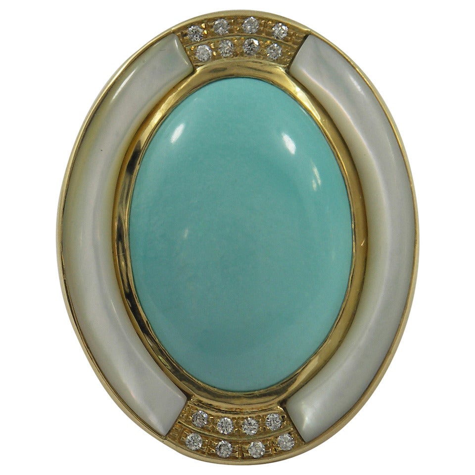 Mother of Pearl Turquoise Diamond Gold Ring