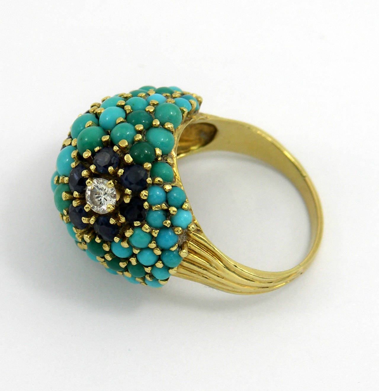Sapphire Turquoise Diamond Gold Floral Motif Ring For Sale at 1stDibs