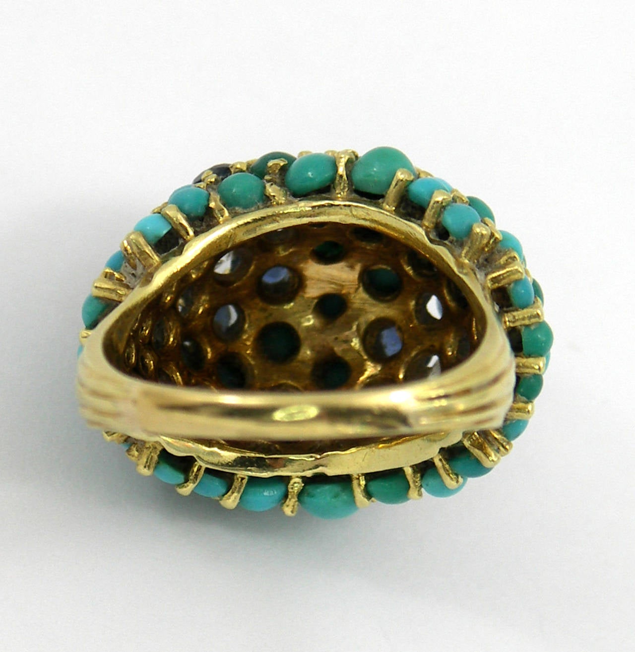 Sapphire Turquoise Diamond Gold Floral Motif Ring 1