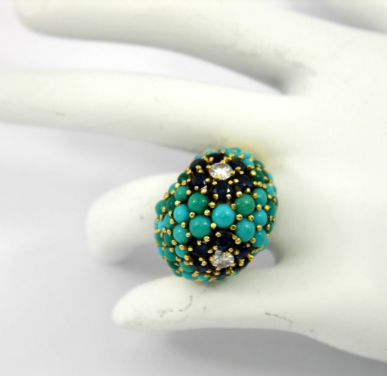 Women's Sapphire Turquoise Diamond Gold Floral Motif Ring