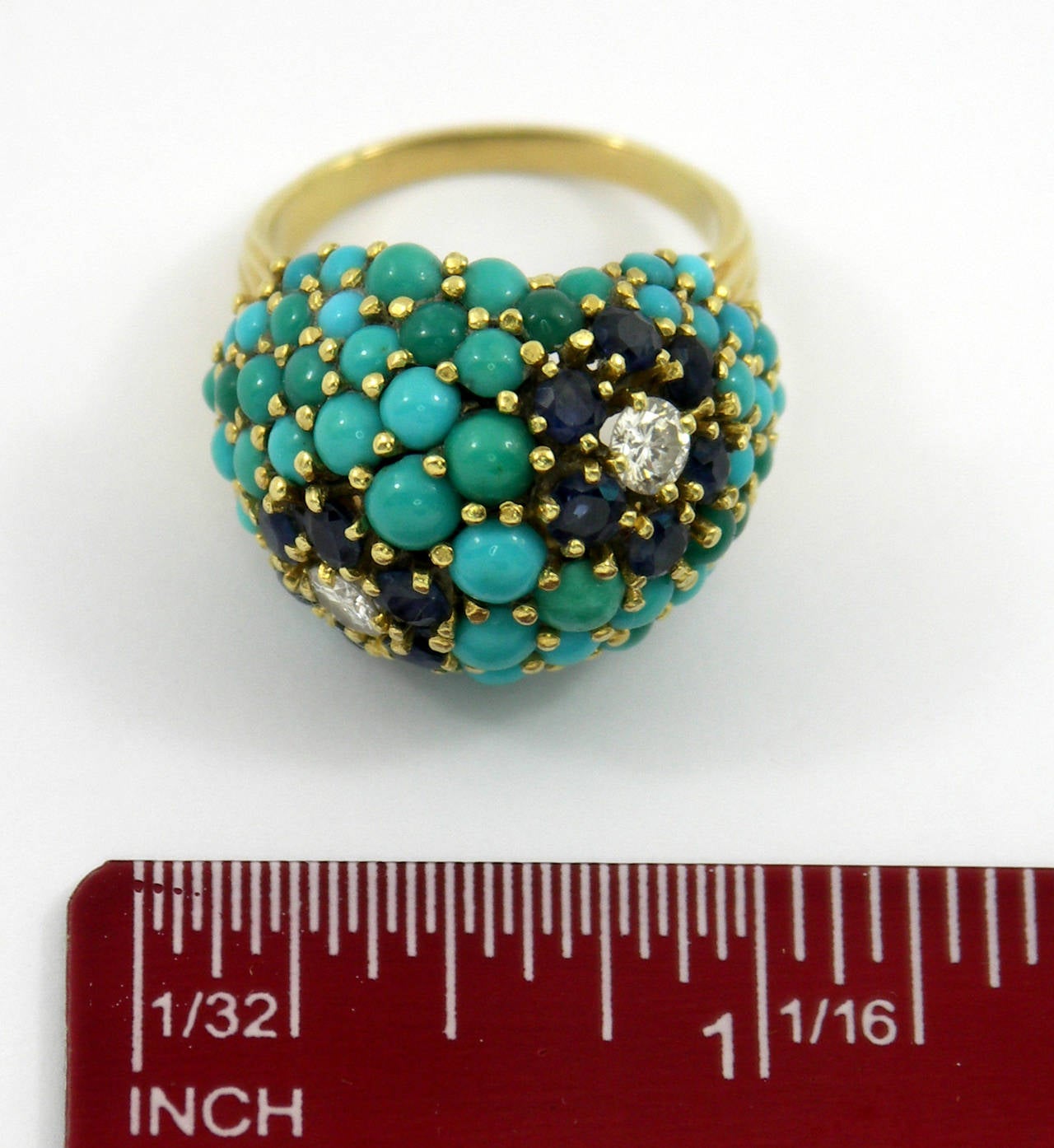 Sapphire Turquoise Diamond Gold Floral Motif Ring 3