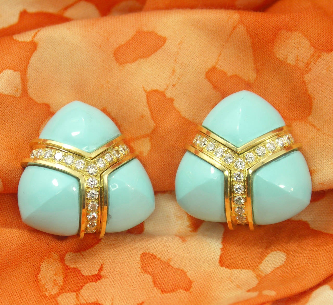 Brilliant Cut Turquoise Diamond Gold Triangular Earrings