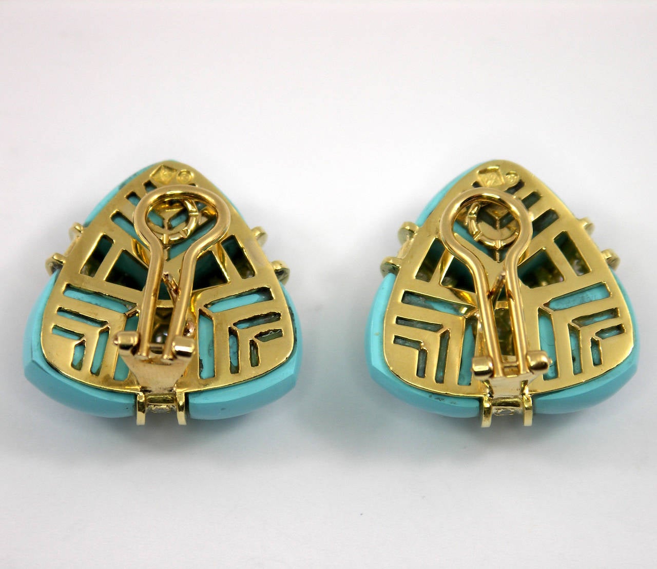Turquoise Diamond Gold Triangular Earrings In Excellent Condition In Palm Beach, FL