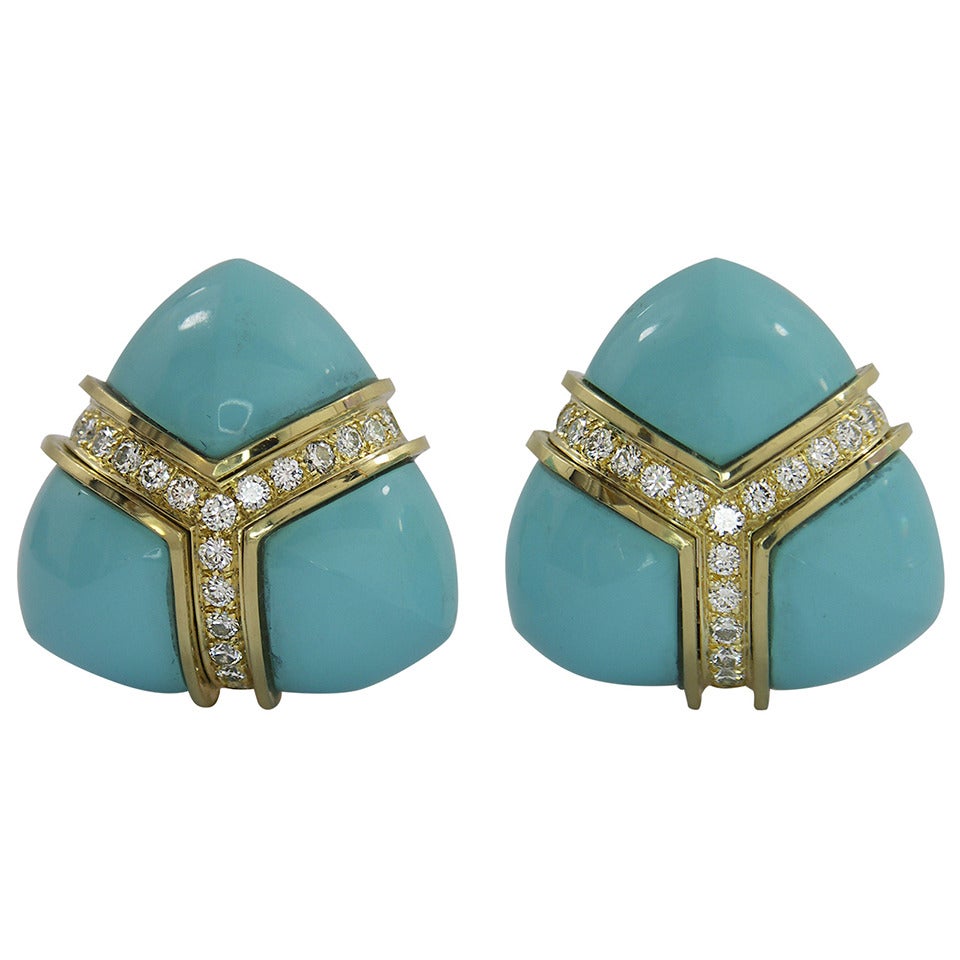 Turquoise Diamond Gold Triangular Earrings