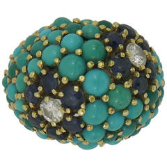 Sapphire Turquoise Diamond Gold Floral Motif Ring
