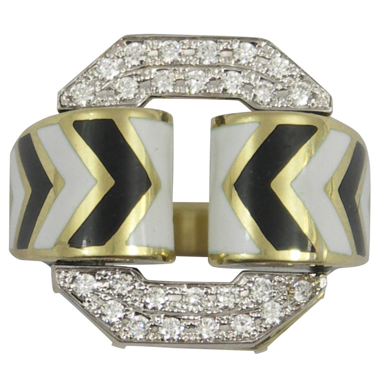 David Webb Black and White Enamel Diamond Gold Ring