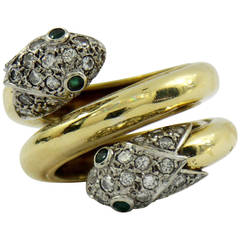 Vintage Emerald Diamond Gold Platinum Double Headed Snake Band Ring