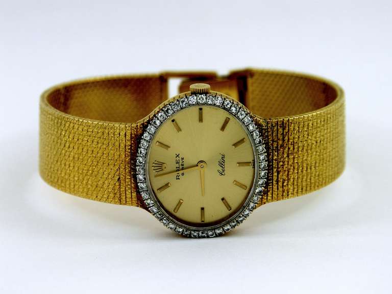 Rolex Lady's Yellow Gold and Diamond Cellini Bracelet Watch circa 1973 In Excellent Condition In Palm Beach, FL