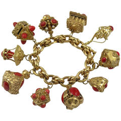 1960s Coral Gold Etruscan Style Charm Bracelet