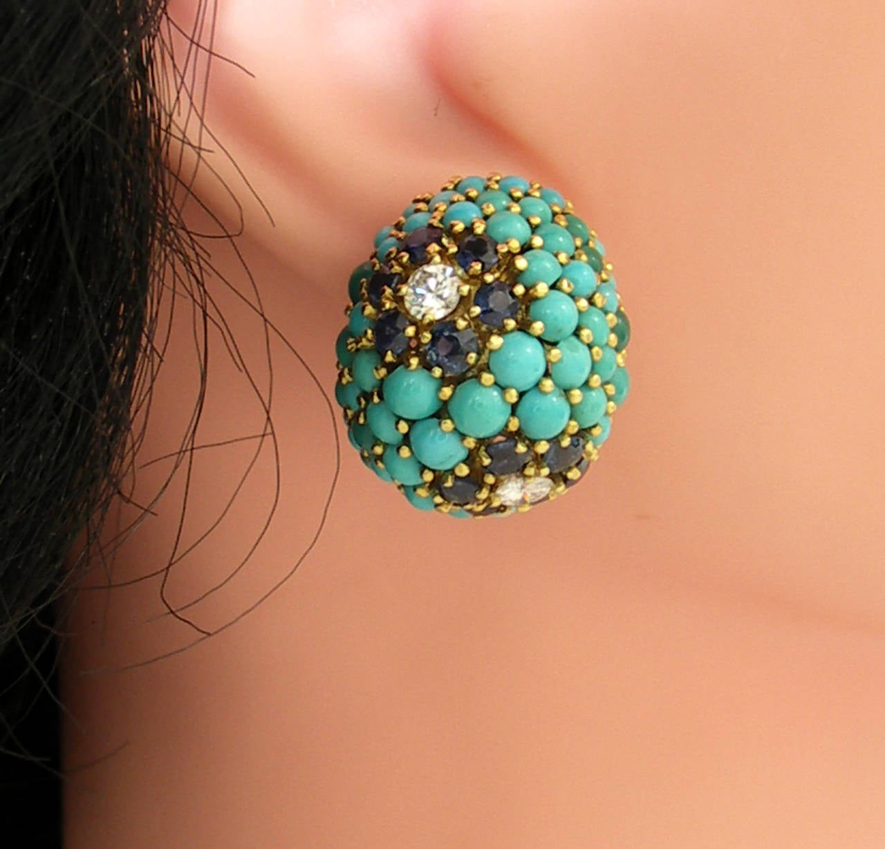 Cabochon Turquoise Sapphire Diamond Gold Clip-On Earrings In Excellent Condition In Palm Beach, FL