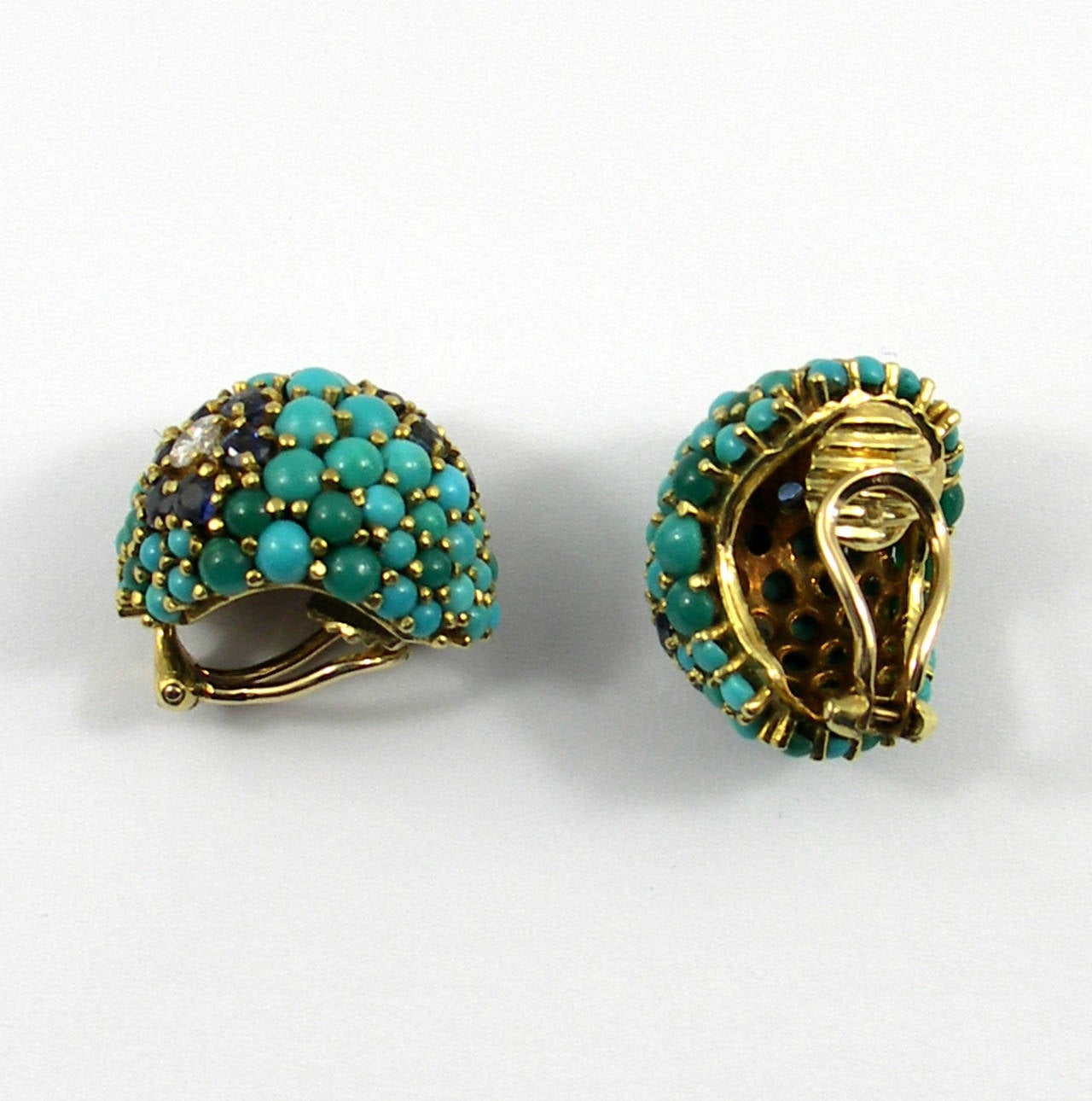 Women's Cabochon Turquoise Sapphire Diamond Gold Clip-On Earrings