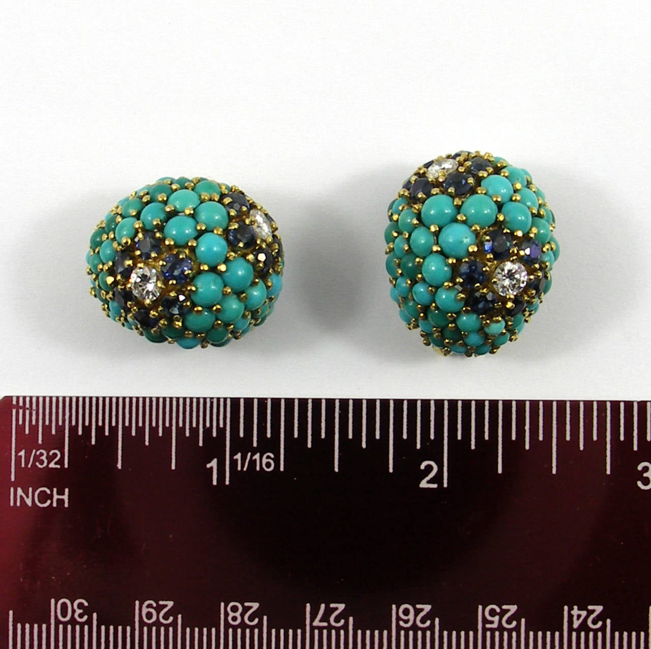 Cabochon Turquoise Sapphire Diamond Gold Clip-On Earrings 1