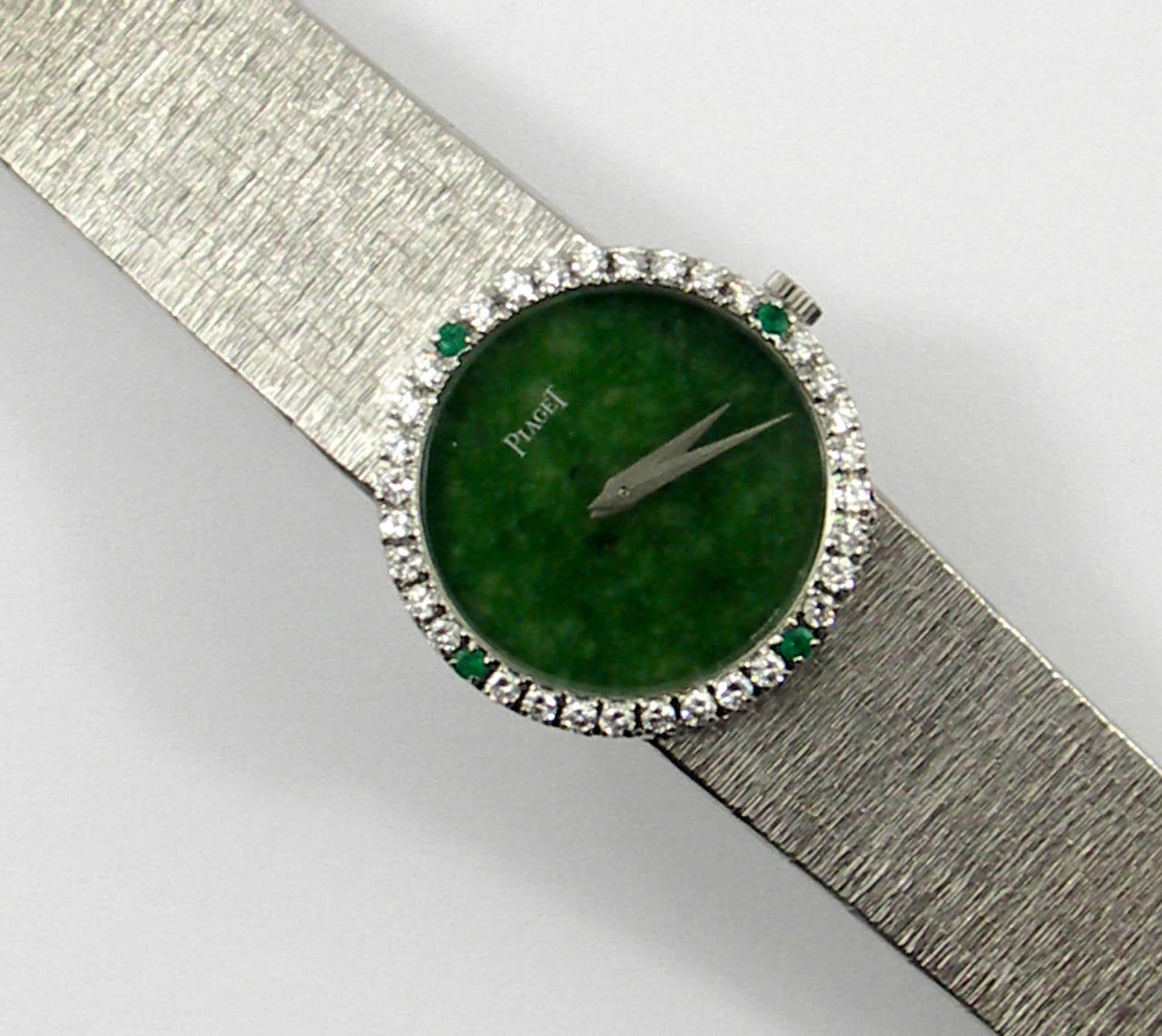 White Gold Piaget with Jade Dial, Diamonds, and Emeralds In Good Condition In Palm Beach, FL